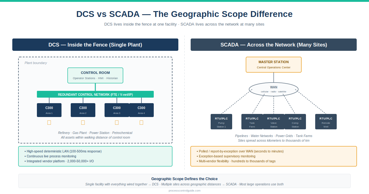 DCS vs SCADA geographic scope comparison diagram