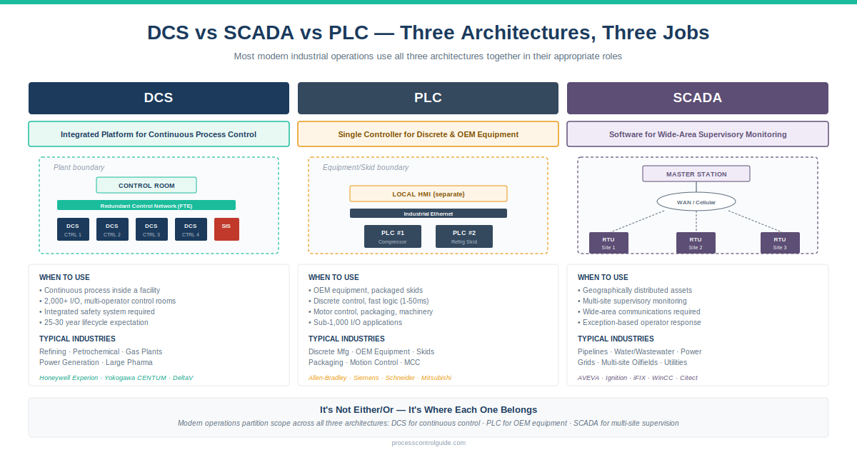 DCS vs SCADA vs PLC three-way architecture comparison diagram