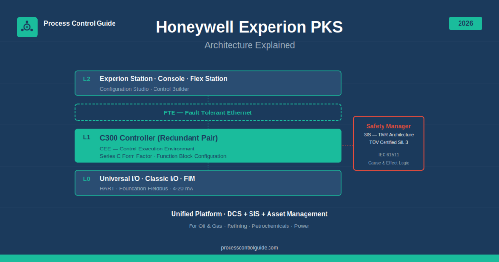 honeywell experion pks architecture diagram showing C300 controller universal I/O FTE network experion station and safety manager integration