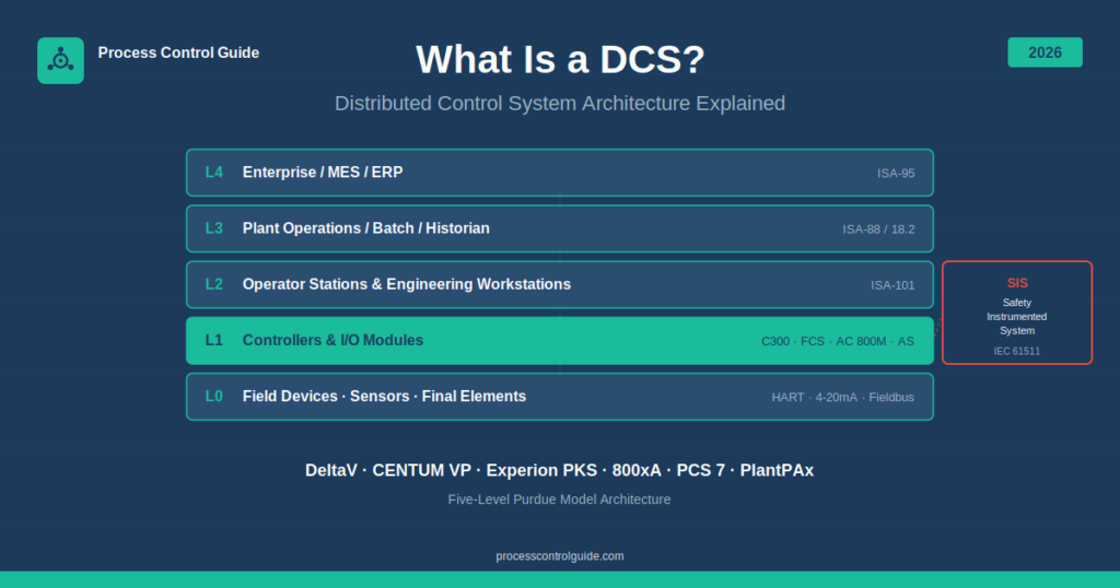 what is a DCS distributed control system architecture diagram showing five-level Purdue model with vendor terminology