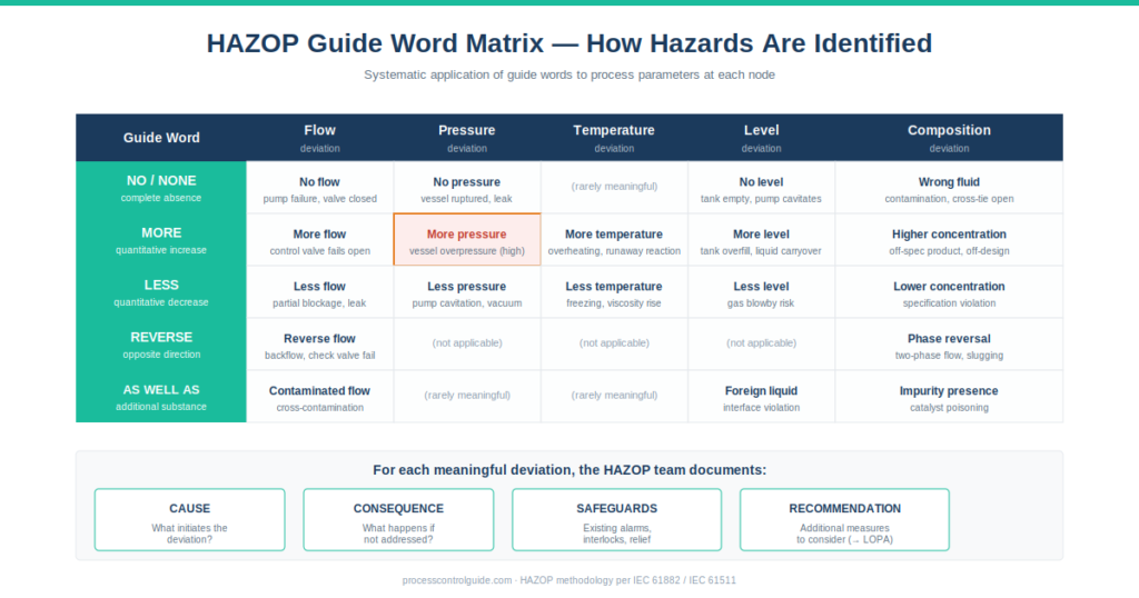 HAZOP and LOPA workflow guide word matrix showing systematic application of NO, MORE, LESS, REVERSE, and AS WELL AS guide words to process parameters to identify hazardous deviations
