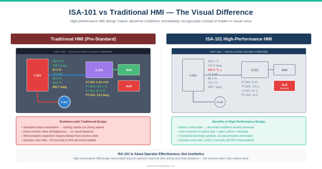 ISA-101 versus traditional HMI design comparison showing dense saturated colored screen on the left with bright red vessel, blue pump, multiple bright numeric values and skeuomorphic equipment shapes that hide the abnormal high-pressure alarm versus ISA-101 high-performance HMI on the right with muted gray normal state showing functional schematic symbols where the single red alarm and red abnormal value visually dominate the screen