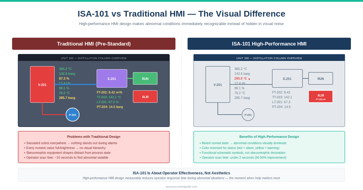 ISA-101 HMI design vs traditional HMI comparison diagram