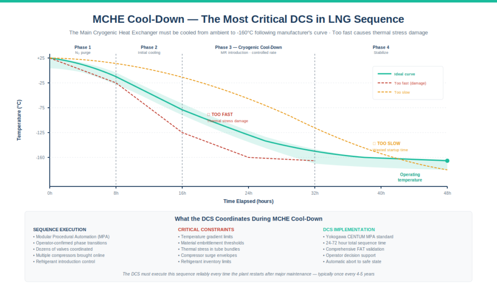 DCS in LNG MCHE cool-down temperature profile chart showing the Main Cryogenic Heat Exchanger temperature dropping from positive 25 degrees Celsius at ambient through four phases over 48 hours — Phase 1 nitrogen purge, Phase 2 initial cooling, Phase 3 cryogenic cool-down with mixed refrigerant introduction, and Phase 4 stabilization — reaching operating temperature of -160 degrees Celsius, with the ideal curve in green between two danger zones showing too-fast cool-down causing thermal stress damage and too-slow cool-down wasting startup time, with DCS coordination requirements listed including Modular Procedural Automation, valve sequencing, compressor staging, and Yokogawa CENTUM MPA implementation