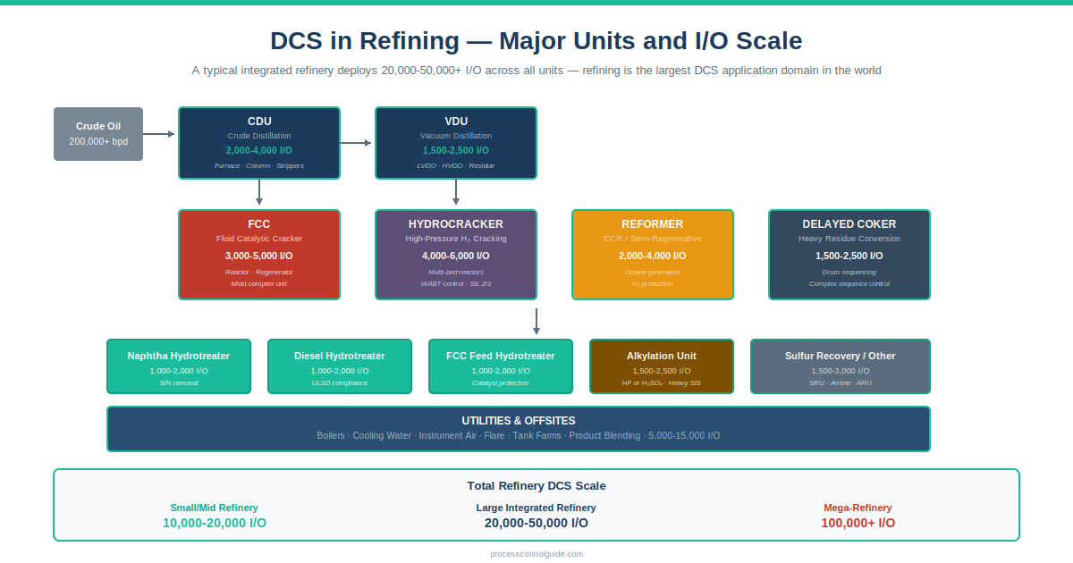 DCS in refining major units overview diagram showing CDU VDU FCC hydrocracker reformer and hydrotreaters with I/O scale