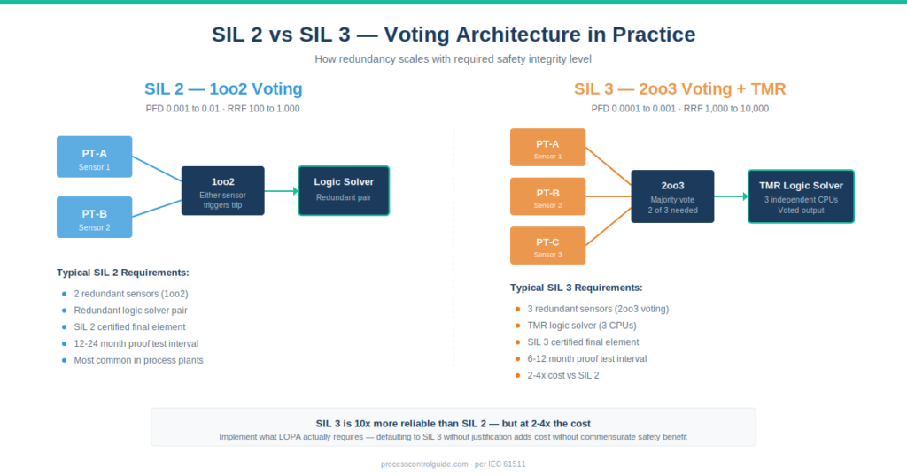 SIL ratings comparison diagram showing SIL 2 (1oo2 voting with redundant logic solver) versus SIL 3 (2oo3 voting with TMR logic solver) safety instrumented system architectures