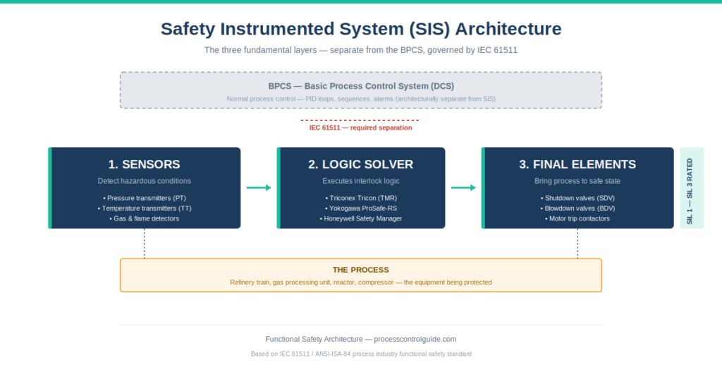 Safety instrumented system architecture diagram showing the three fundamental layers — sensors, logic solver, and final elements — separate from the BPCS as required by IEC 61511
