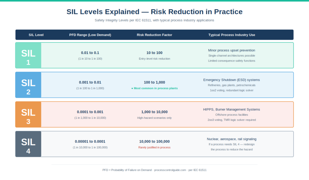 Chart explaining SIL 1, SIL 2, SIL 3, and SIL 4 safety integrity levels with probability of failure on demand ranges, risk reduction factors, and typical process industry applications per IEC 61511
